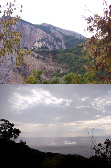 church at Foros and a view of the sea from the road